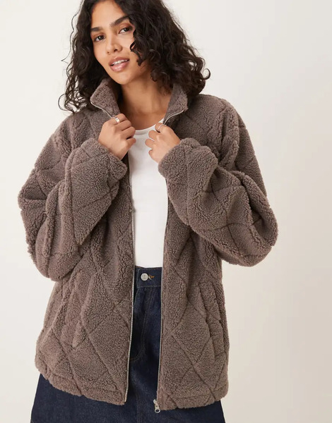  Asos Design Quilted Borg Full Zip Through Fleece In Light Brown 