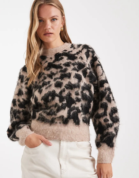  Asos Design Raglan Waisted Brushed Leopard Jumper In Brown 