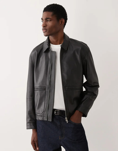  Asos Design Real Leather Harrington In Black 
