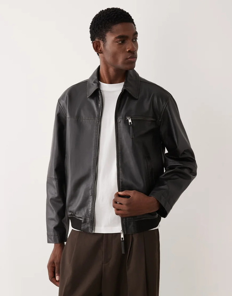  Asos Design Real Leather Oversized Harrington Jacket In Black 
