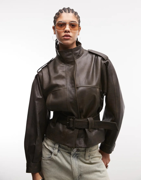  Asos Design Real Leather Utility Belted Jacket In Washed Brown 