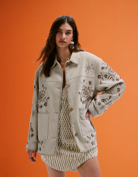  Asos Design Real Suede Embroidered Jacket In Stone No Colour 