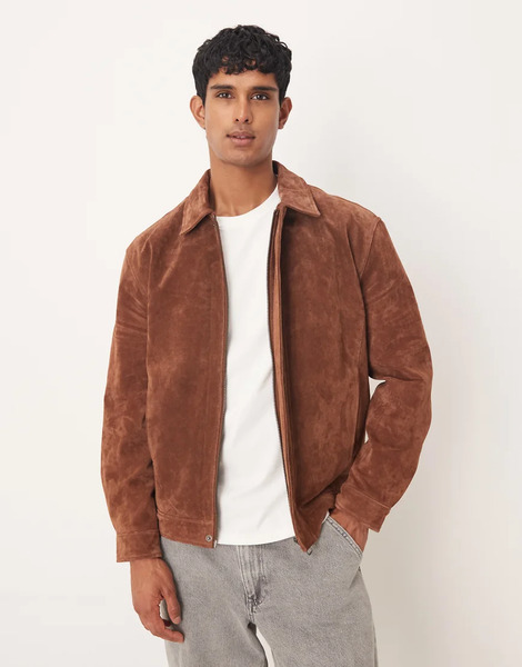  Asos Design Real Suede Harrington Jacket In Brown Neutral 