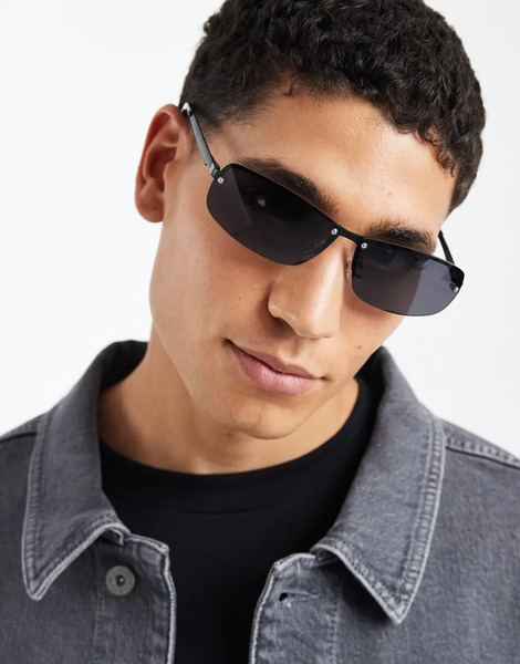  Asos Design Rectangle Metal Sunglasses In Black With Smoke Lens 