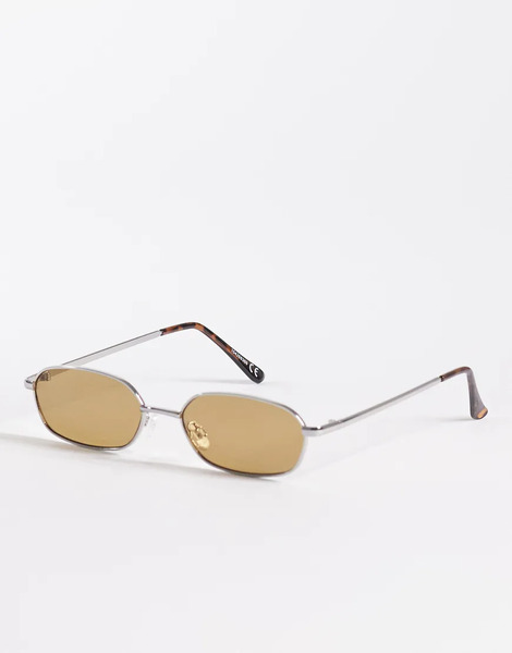  Asos Design Rectangle Sunglasses In Silver Metal With Olive Lens 