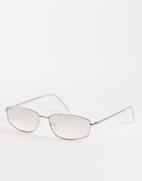  Asos Design Rectangle Sunglasses In Silver Metal With Smoke Lens 