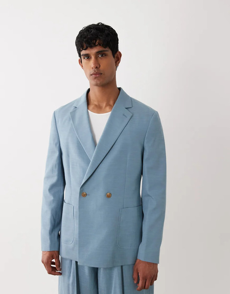  Asos Design Regular Double Breasted Suit Jacket In Blue Slub Texture Green 
