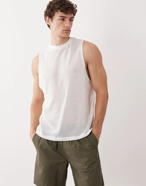  Asos Design Regular Fit Boxy Oversized Tank In White Open Knit Texture 