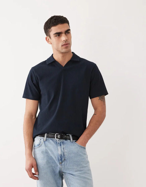  Asos Design Regular Fit Notch Polo In Navy Smart Texture 