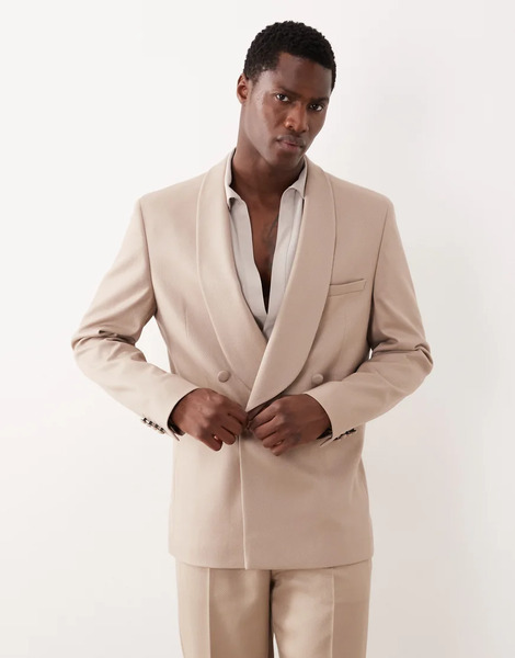  Asos Design Regular Tuxedo Jacket In Stone Contrast Twill Neutral 