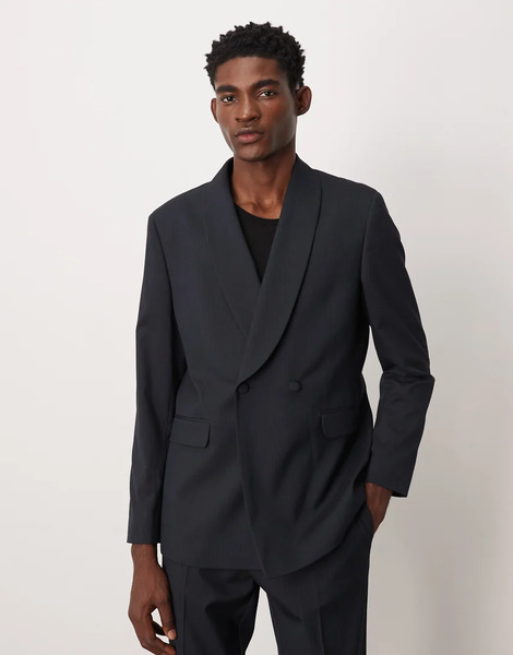  Asos Design Regular Wrap Shawl Neck Pinstripe Suit Jacket In Navy 