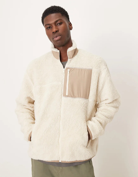  Asos Design Relaxed Borg Zip Through In Off White   Cream 