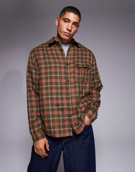  Asos Design Relaxed Check Shirt With Patch Pocket In Rust Black 