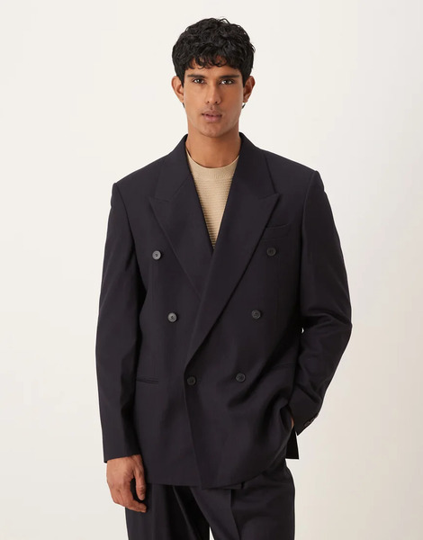  Asos Design Relaxed Double Breasted Jacket With Subtle Woven Stripe In Navy 