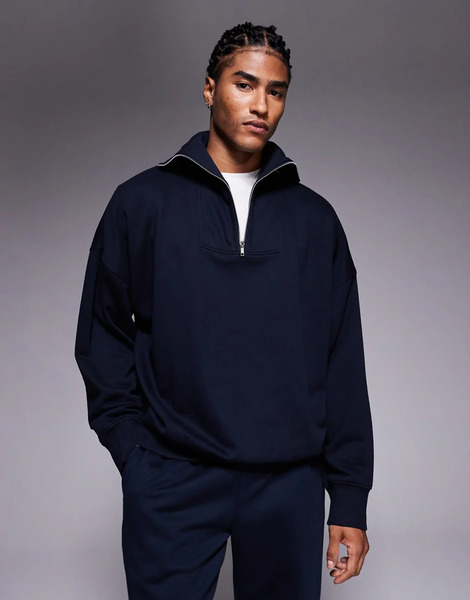  Asos Design Relaxed Drop Shoulder Quarter Zip Sweatshirt In Navy 