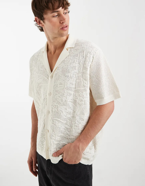  Asos Design Relaxed Knitted Button Through Polo In Floral Texture White 