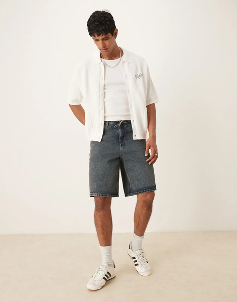  Asos Design Relaxed Knitted Button Through With Chest Embroidery In Ecru Neutral 