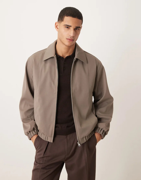  Asos Design Relaxed Smart Harrington Jacket In Dark Stone Neutral 