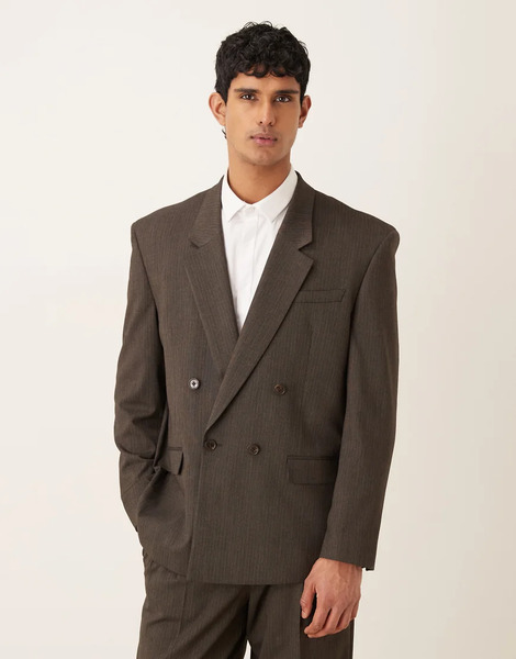  Asos Design Relaxed Square Shoulder Suit Jacket In Brown Subtle Stripe 