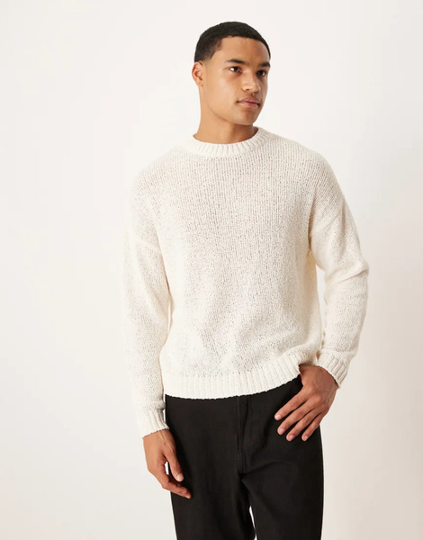  Asos Design Relaxed Textured Knitted Jumper In Ecru Brown 