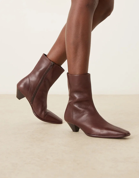  Asos Design Rhodes Leather Chisel Toe Heeled Ankle Boots In Burgundy Red 