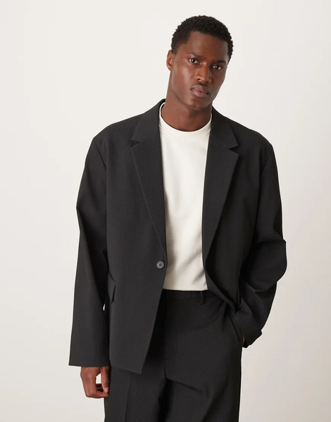  Asos Design Rib Fabric Boxy Suit Jacket In Black 