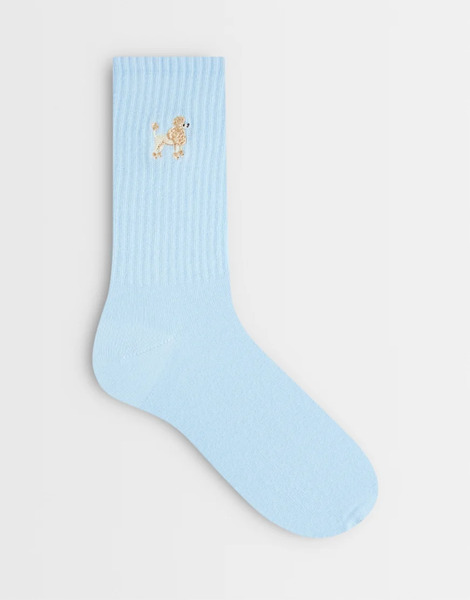  Asos Design Ribbed Edge Ankle Socks With Poodle Embroidery In Blue 