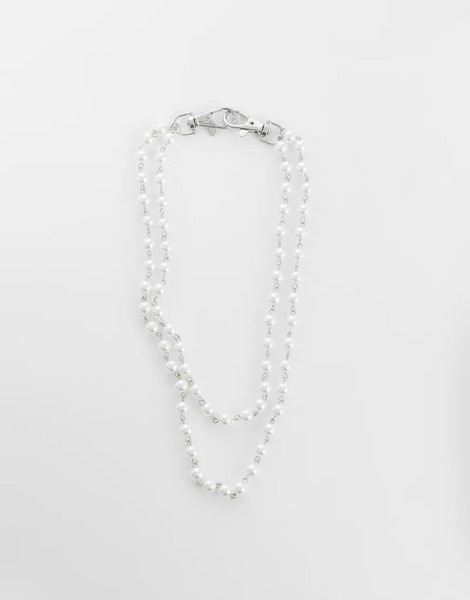  Asos Design 2 Row Pearl Jeans Chain In Silver 