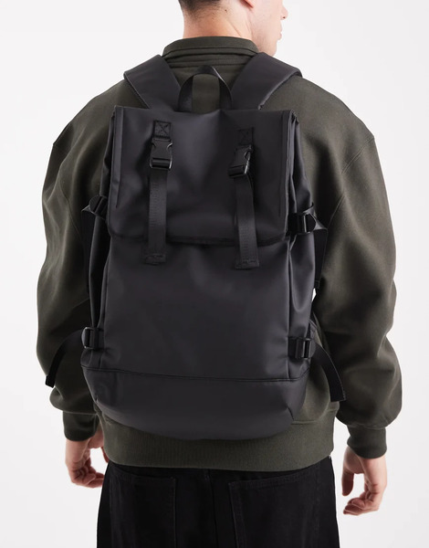  Asos Design Rubberised Rolltop Backpack In Black 