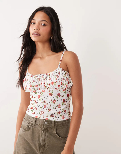  Asos Design Ruched Bust Cami In Ditsy Floral Print Multi 