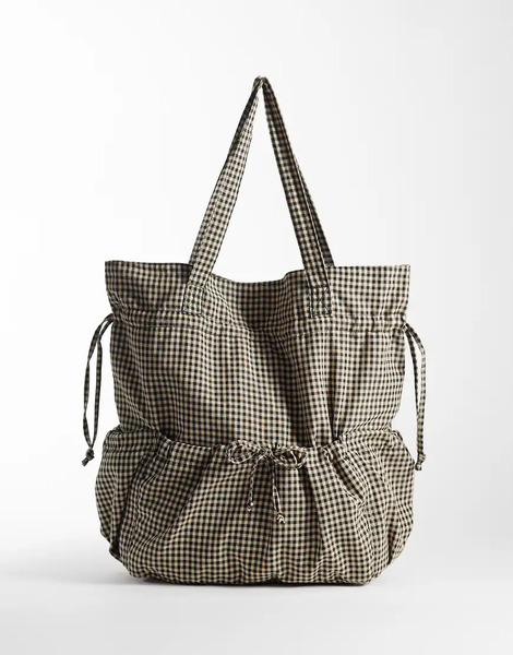  Asos Design Ruched Pocket Tote Bag In Mono Gingham Multi 