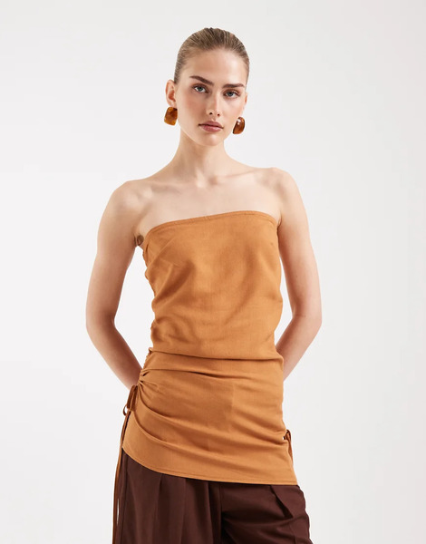  Asos Design Ruched Side Linen Bandeau Top In Camel Neutral 