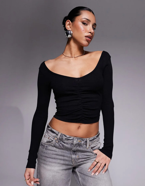  Asos Design Ruched V Front And Back Crop Top In Black 