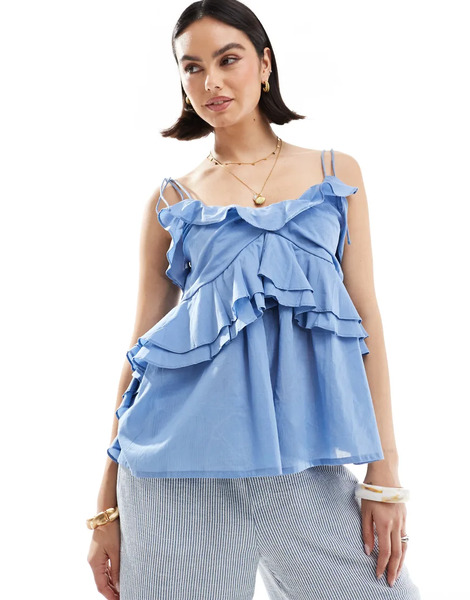  Asos Design Ruffle Cami Top With Tie Straps In Blue 