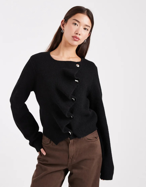  Asos Design Ruffle Placket Cardigan In Black 