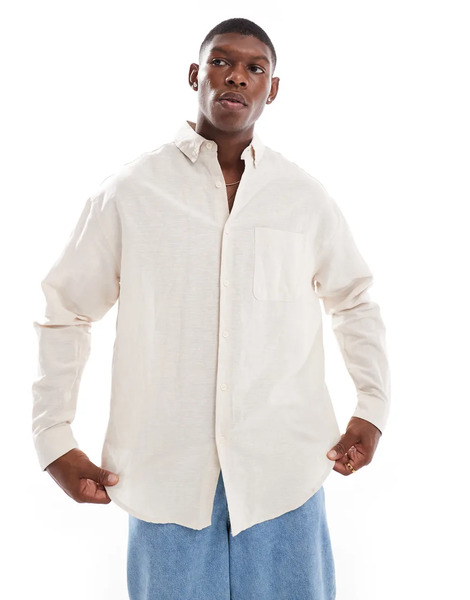  Asos Design 90s Oversized Linen Shirt In Ecru Neutral 