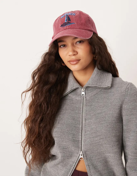  Asos Design Sailing Embroidered Motif Cap In Washed Red 