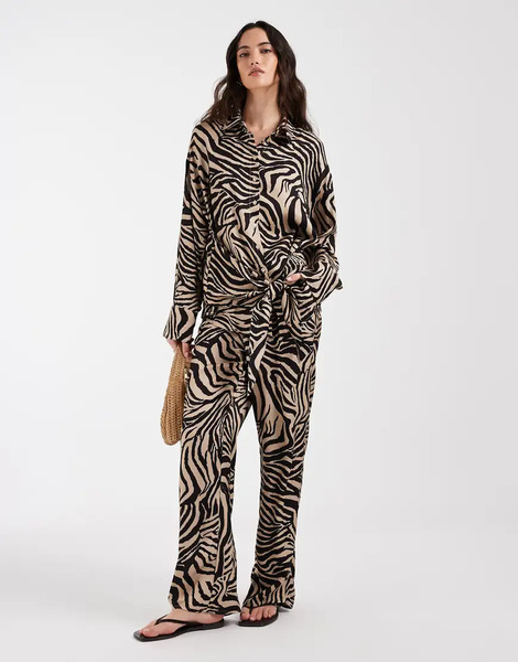  Asos Design Satin Pull On Wide Leg Trouser In Zebra Print Co Ord Multi 