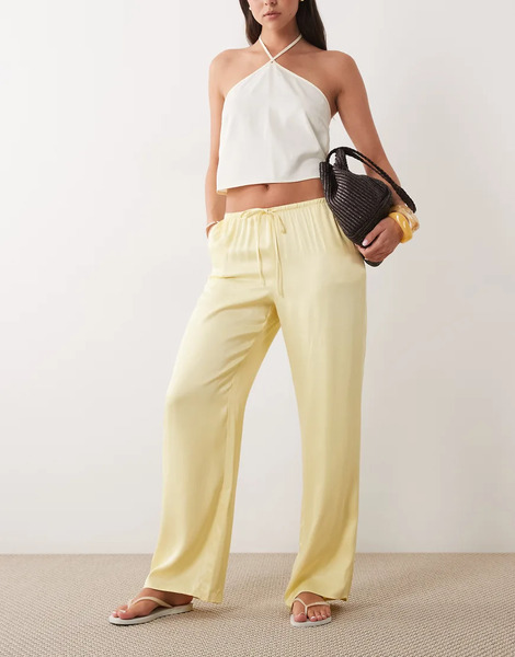  Asos Design Satin Wide Leg Pull On Trouser In Buttermilk Yellow 