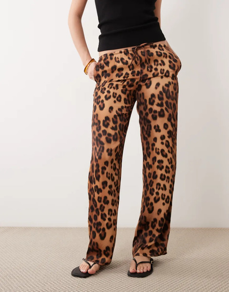  Asos Design Satin Wide Leg Pull On Trouser In Leopard Print Multi 