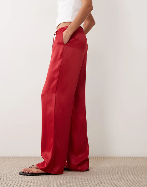 Asos Design Satin Wide Leg Pull On Trouser In Red 