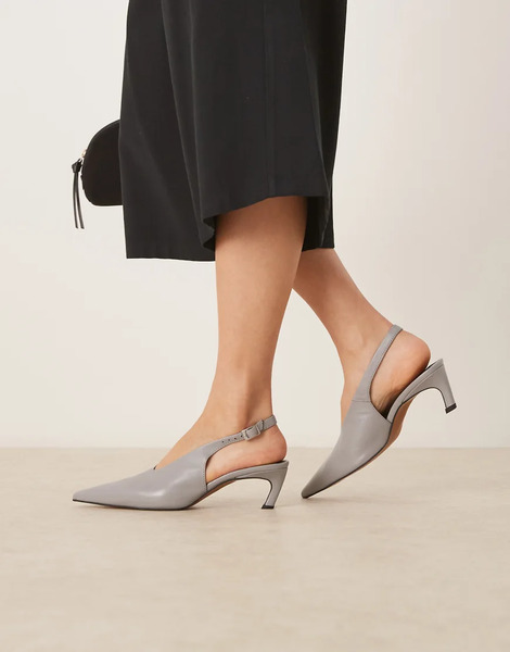  Asos Design Sculpt Premium Slingback Mid Heel Shoes In Grey Leather 