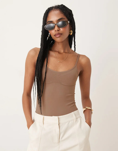  Asos Design Seamless Cami Bodysuit In Mocha Brown 