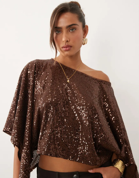  Asos Design Sequin Cape Top In Chocolate Brown 