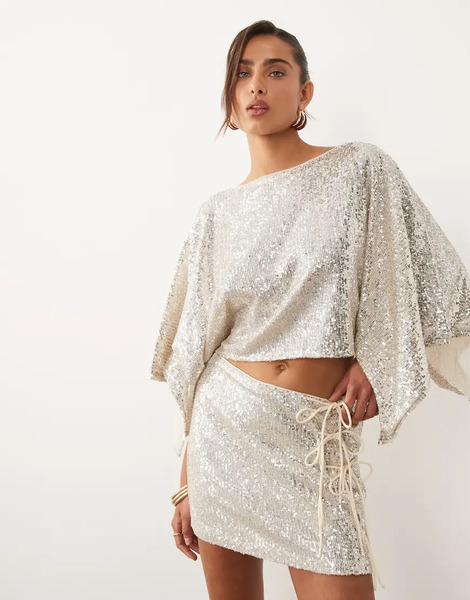  Asos Design Sequin Cape Top In Ivory White 