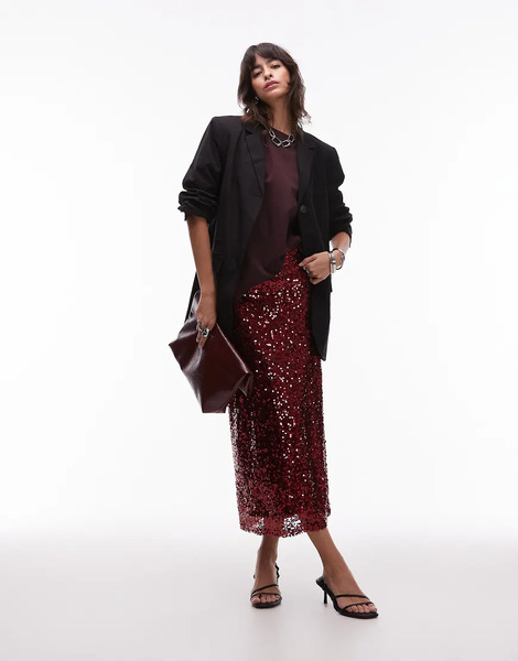  Asos Design Sequin Midi Skirt In Cherry Red 