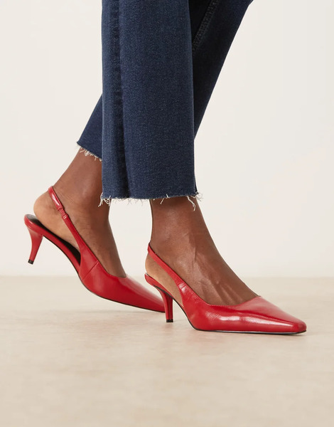  Asos Design Shake Chisel Toe Slingback Mid Heel Shoes In Red 