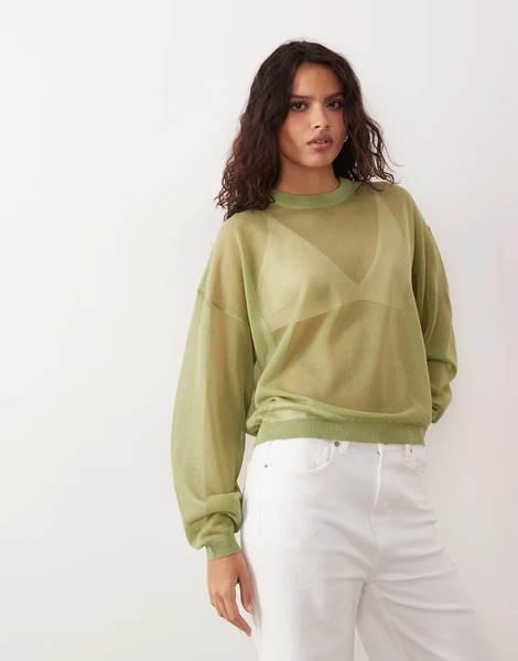  Asos Design Sheer Knit Long Sleeve Top In Green 