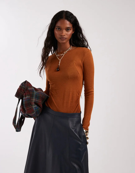  Asos Design Sheer Knitted Soft Touch Ruched Side Top In Rust   Auburn 