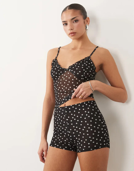  Asos Design Sheer Mesh Mini Short In Black Polka Dot Multi 